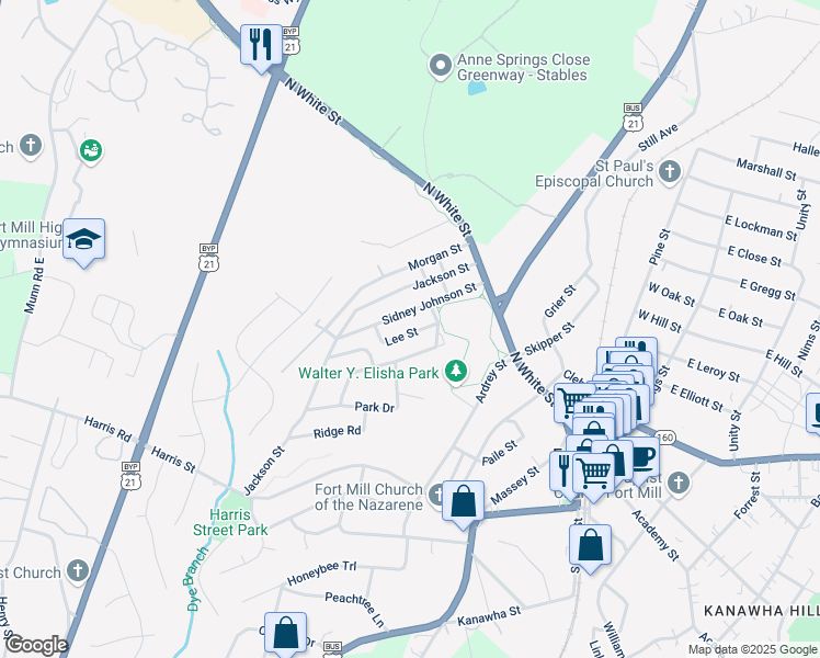 map of restaurants, bars, coffee shops, grocery stores, and more near 206 Lee Street in Fort Mill