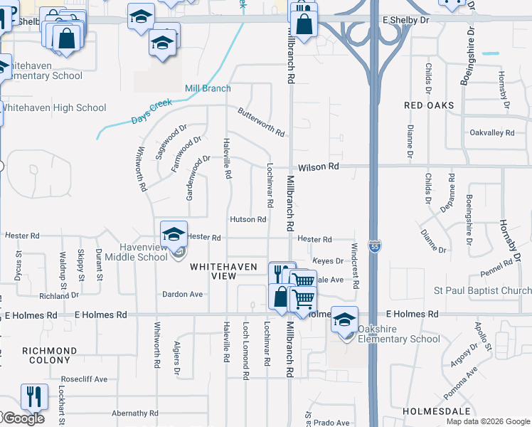 map of restaurants, bars, coffee shops, grocery stores, and more near 5015 Lochinvar Road in Memphis