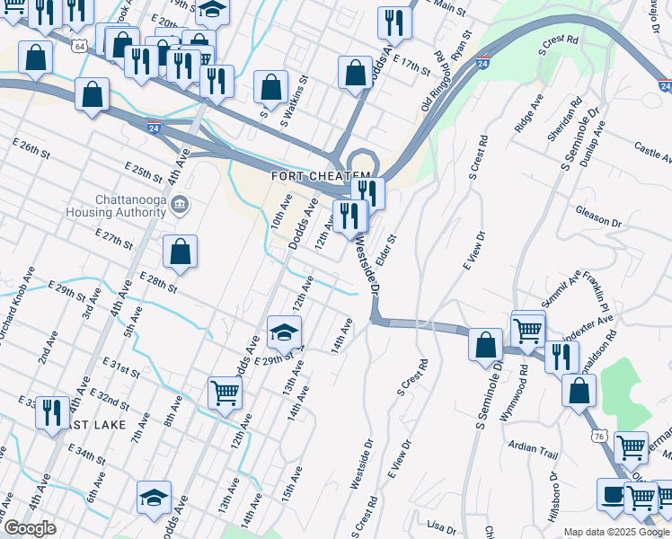 map of restaurants, bars, coffee shops, grocery stores, and more near 2711 Woodside St in Chattanooga
