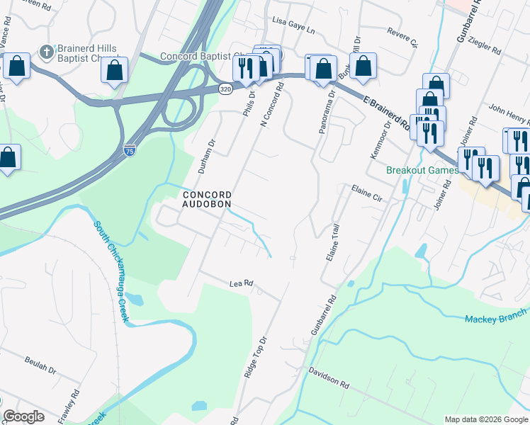 map of restaurants, bars, coffee shops, grocery stores, and more near 7113 Holland Lane in Chattanooga
