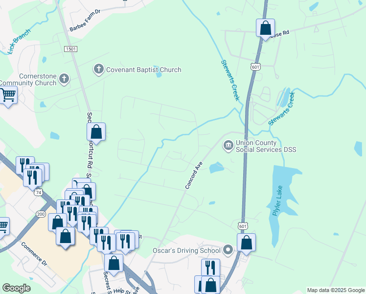 map of restaurants, bars, coffee shops, grocery stores, and more near 2225 Concord Avenue in Monroe