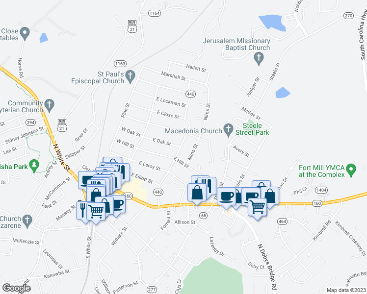 map of restaurants, bars, coffee shops, grocery stores, and more near 500 Unity Street in Fort Mill
