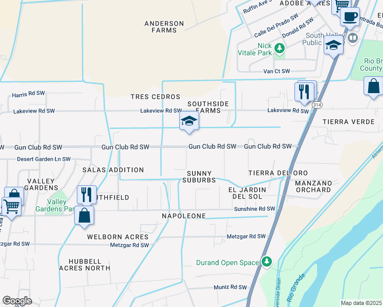 map of restaurants, bars, coffee shops, grocery stores, and more near 2130 Gun Club Road Southwest in Albuquerque