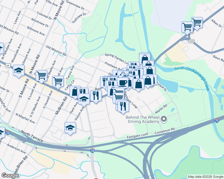 map of restaurants, bars, coffee shops, grocery stores, and more near 5637 Brainerd Road in Chattanooga