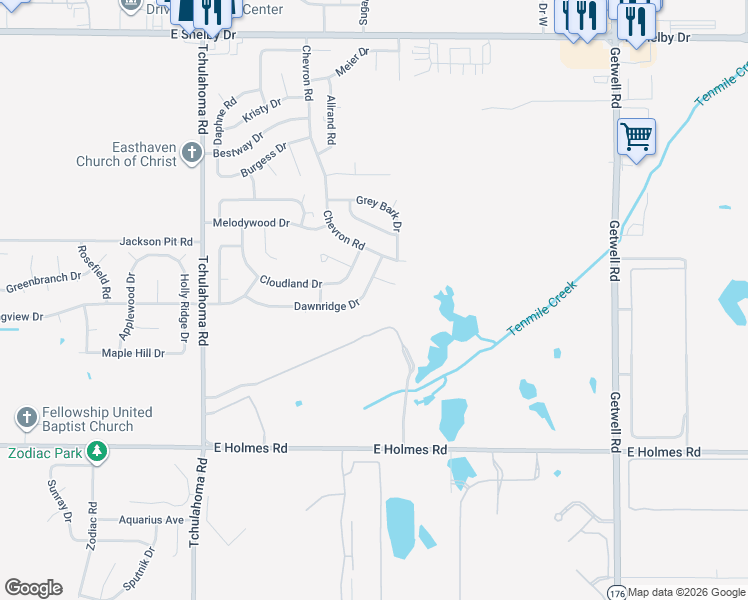 map of restaurants, bars, coffee shops, grocery stores, and more near 3481 Dawnridge Drive in Memphis