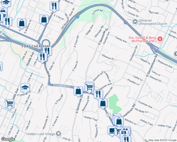map of restaurants, bars, coffee shops, grocery stores, and more near 808 South Seminole Drive in Chattanooga