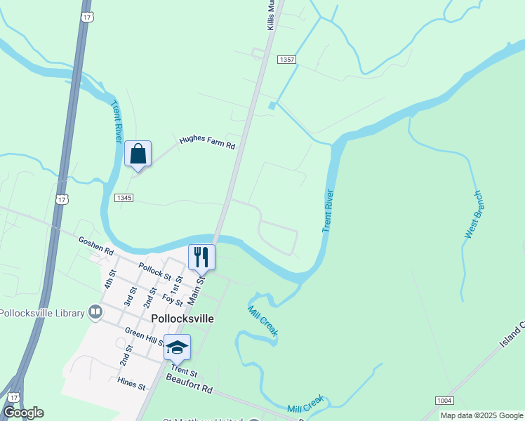 map of restaurants, bars, coffee shops, grocery stores, and more near 356 Trent Drive in Pollocksville