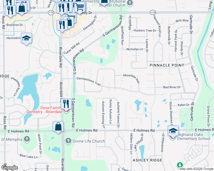map of restaurants, bars, coffee shops, grocery stores, and more near 7164 Germantown Trail in Memphis