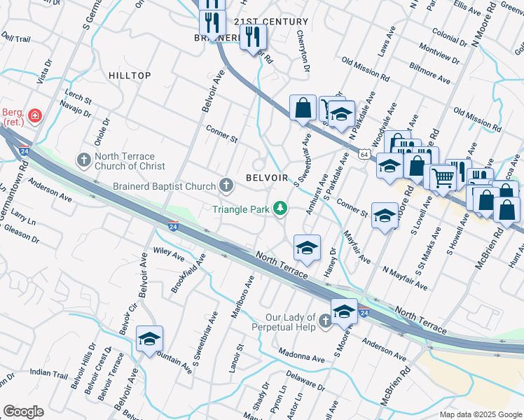 map of restaurants, bars, coffee shops, grocery stores, and more near 4123 Mayfair Avenue in Chattanooga