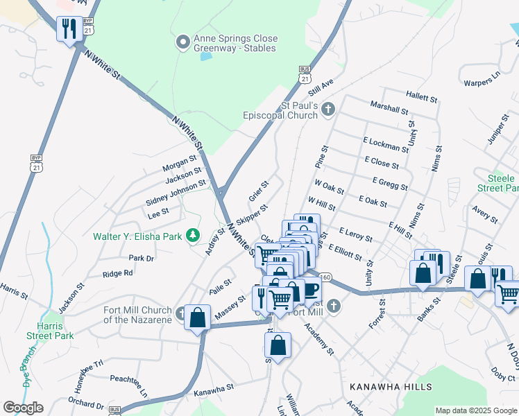 map of restaurants, bars, coffee shops, grocery stores, and more near 205 Skipper Street in Fort Mill