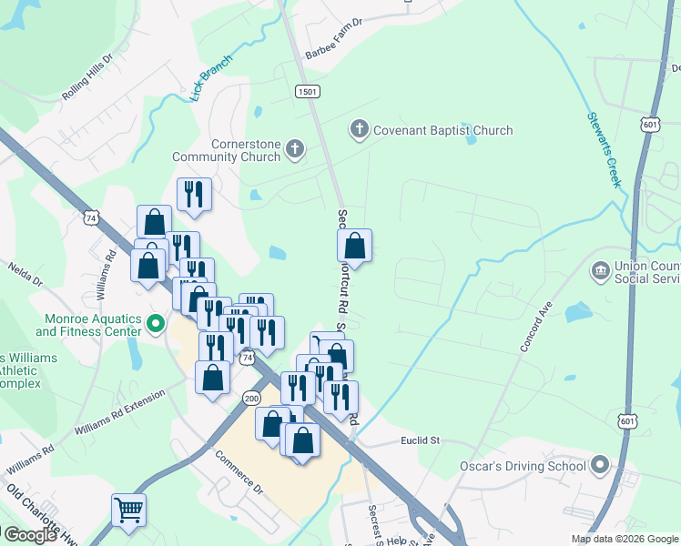 map of restaurants, bars, coffee shops, grocery stores, and more near 2477 Secrest Short Cut Road in Monroe