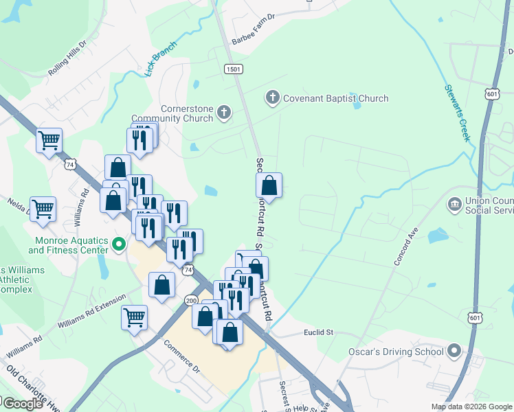 map of restaurants, bars, coffee shops, grocery stores, and more near 2477 Secrest Short Cut Road in Monroe