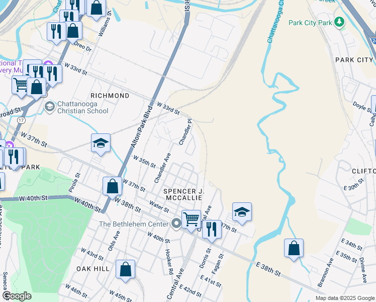 map of restaurants, bars, coffee shops, grocery stores, and more near 335 Croll Court in Chattanooga