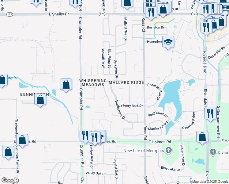 map of restaurants, bars, coffee shops, grocery stores, and more near 5022 Barkshire Drive in Memphis