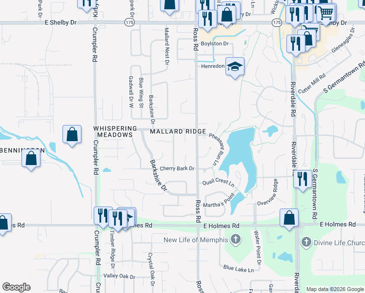 map of restaurants, bars, coffee shops, grocery stores, and more near 5011 Lake Valley Cove in Memphis