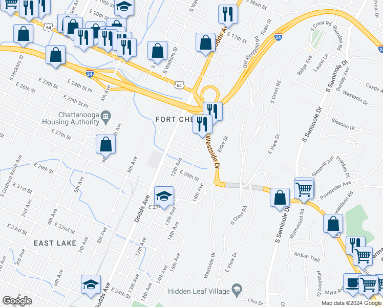 map of restaurants, bars, coffee shops, grocery stores, and more near 2707 Woodside Street in Chattanooga