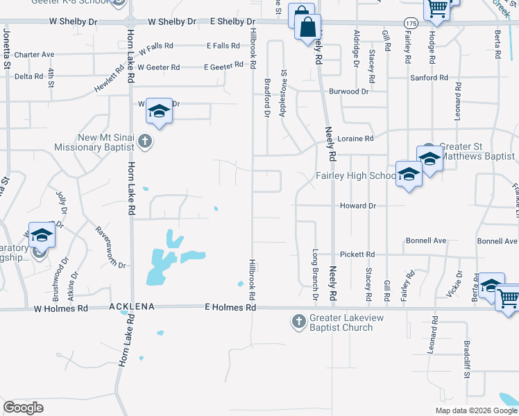 map of restaurants, bars, coffee shops, grocery stores, and more near 5020 Hillbrook Road in Memphis