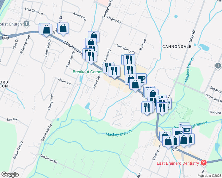 map of restaurants, bars, coffee shops, grocery stores, and more near 1425 Stratman Circle in Chattanooga