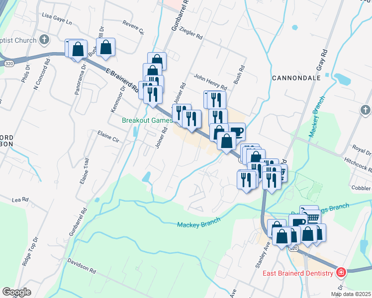 map of restaurants, bars, coffee shops, grocery stores, and more near 1425 Stratman Circle in Chattanooga