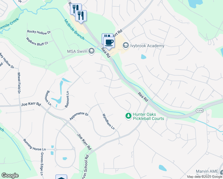 map of restaurants, bars, coffee shops, grocery stores, and more near 1201 Grayscroft Drive in Waxhaw