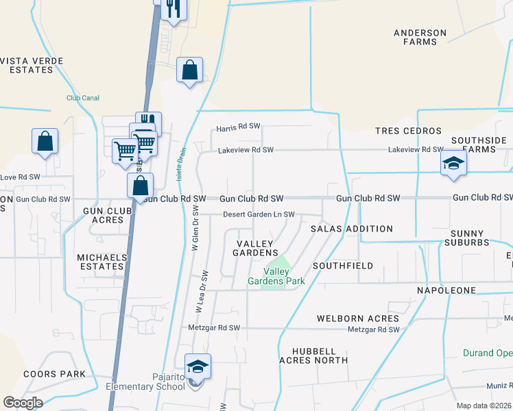 map of restaurants, bars, coffee shops, grocery stores, and more near 4408 Valley Gardens Drive Southwest in Albuquerque