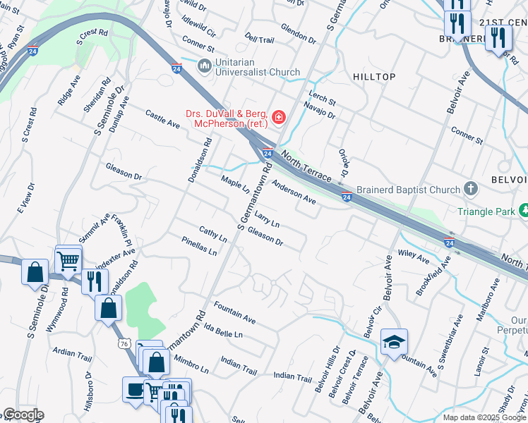 map of restaurants, bars, coffee shops, grocery stores, and more near 3605 Larry Ln in Chattanooga