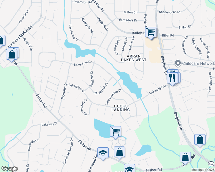 map of restaurants, bars, coffee shops, grocery stores, and more near 5900 Weymouth Court in Fayetteville