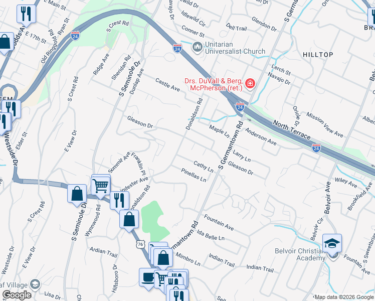 map of restaurants, bars, coffee shops, grocery stores, and more near 805 Eileen Lane in Chattanooga