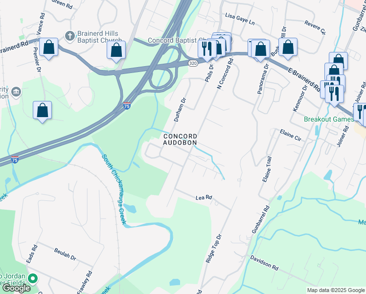 map of restaurants, bars, coffee shops, grocery stores, and more near 1214 Durham Street in Chattanooga