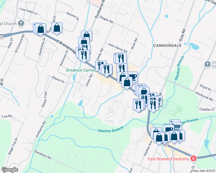 map of restaurants, bars, coffee shops, grocery stores, and more near 1425 Stratman Circle in Chattanooga