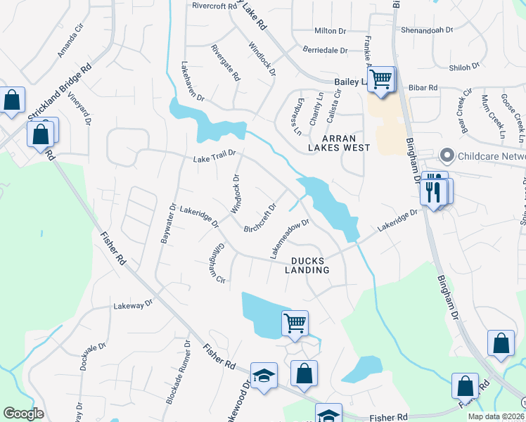 map of restaurants, bars, coffee shops, grocery stores, and more near 5900 Weymouth Court in Fayetteville