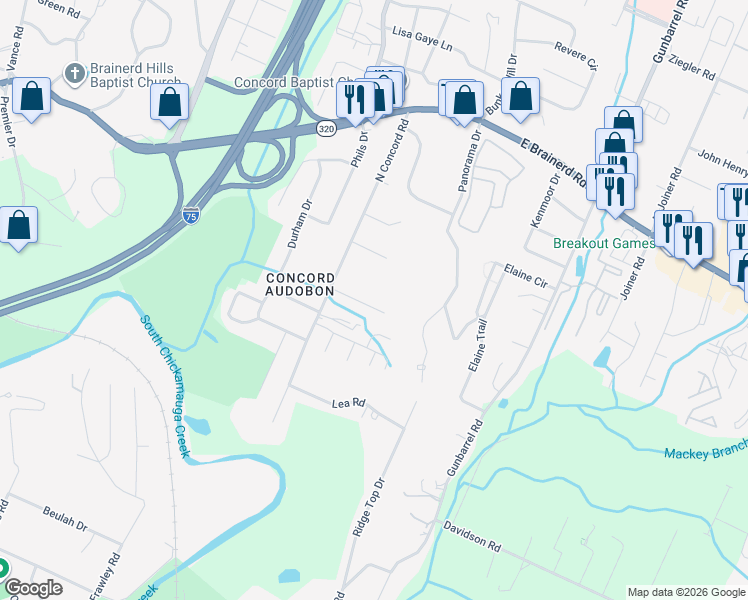 map of restaurants, bars, coffee shops, grocery stores, and more near 7113 Holland Lane in Chattanooga
