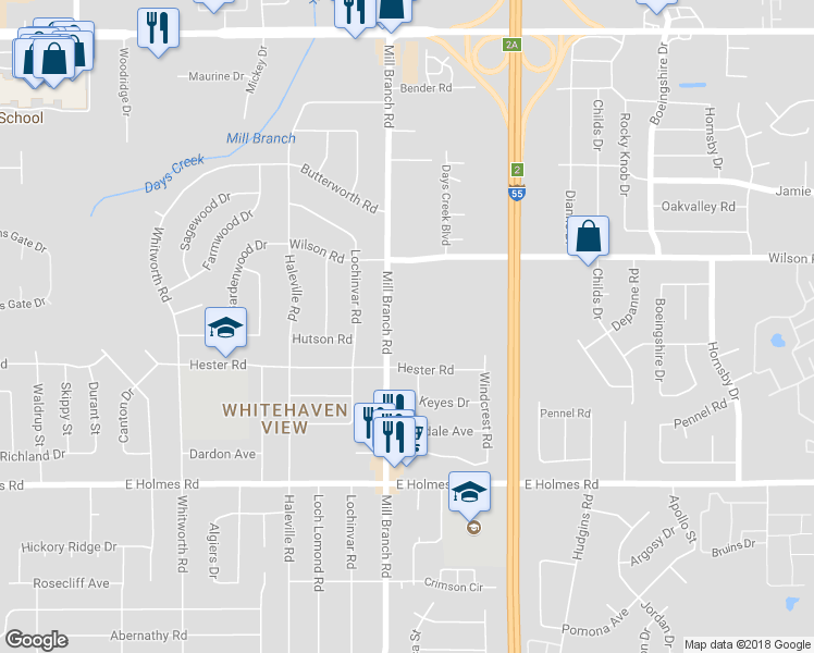map of restaurants, bars, coffee shops, grocery stores, and more near 5018 Millbranch Road in Memphis