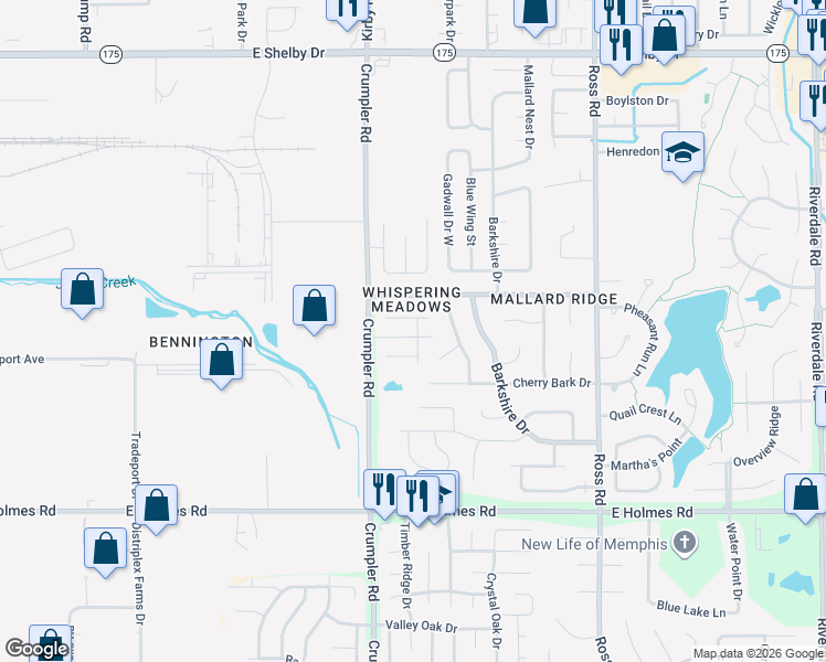 map of restaurants, bars, coffee shops, grocery stores, and more near 6476 Amberwood Drive in Memphis