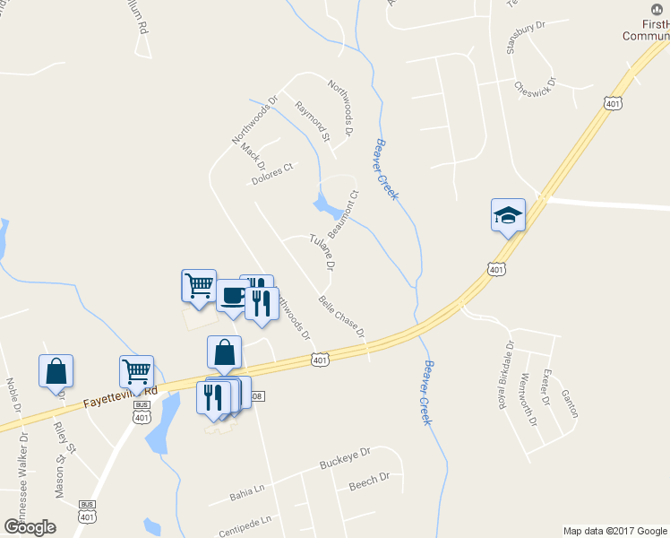 map of restaurants, bars, coffee shops, grocery stores, and more near 130 Tulane Drive in Raeford