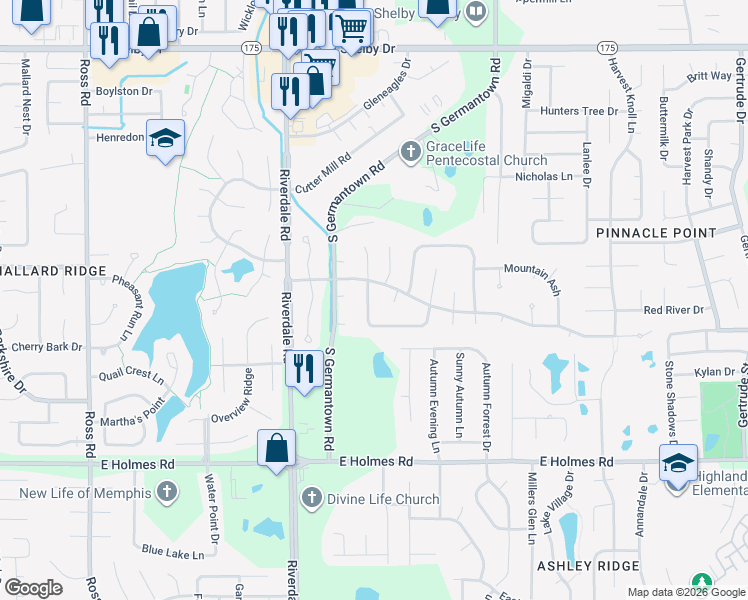 map of restaurants, bars, coffee shops, grocery stores, and more near 5014 Cottage Lane in Memphis