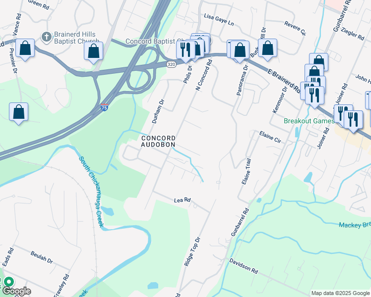 map of restaurants, bars, coffee shops, grocery stores, and more near 7138 Holland Lane in Chattanooga