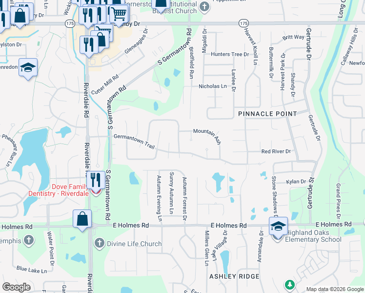 map of restaurants, bars, coffee shops, grocery stores, and more near 5014 East Old Farm Road in Memphis
