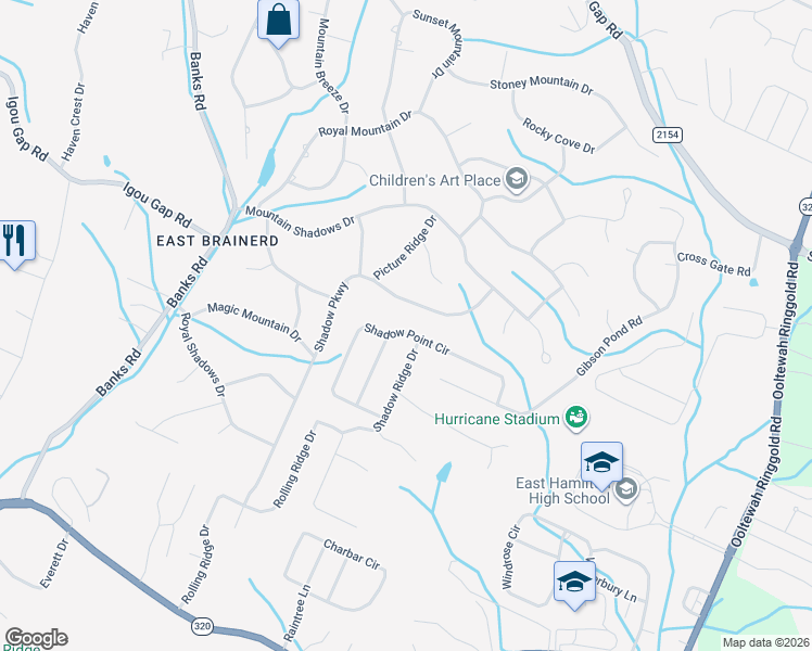 map of restaurants, bars, coffee shops, grocery stores, and more near 9403 Shadow Point Circle in Chattanooga