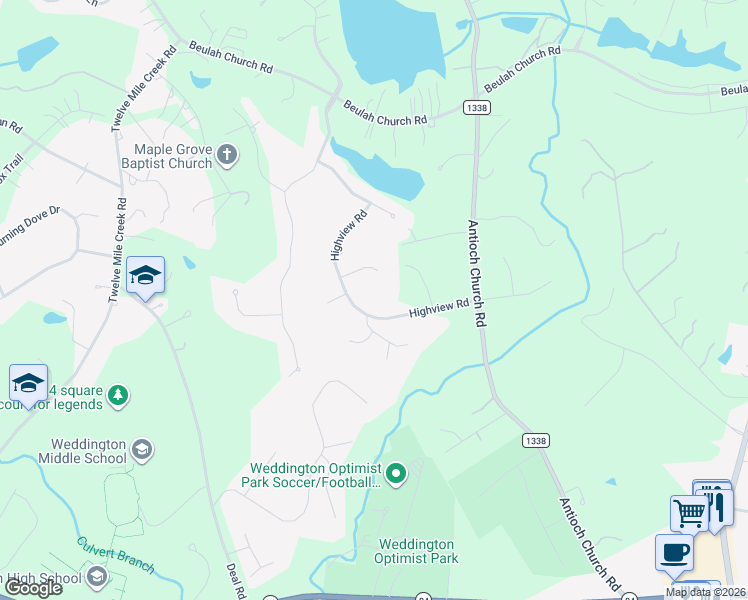 map of restaurants, bars, coffee shops, grocery stores, and more near 6127 Highview Road in Matthews