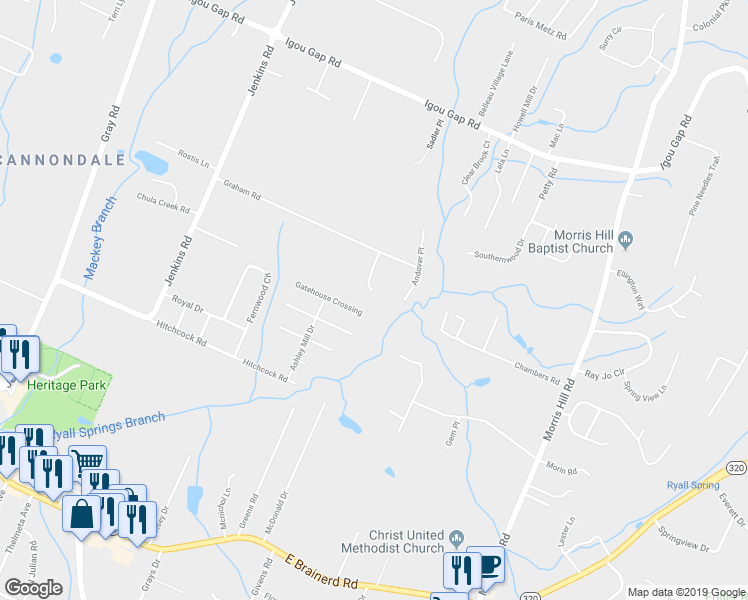 map of restaurants, bars, coffee shops, grocery stores, and more near 1727 Sterling Oaks Lane in Chattanooga
