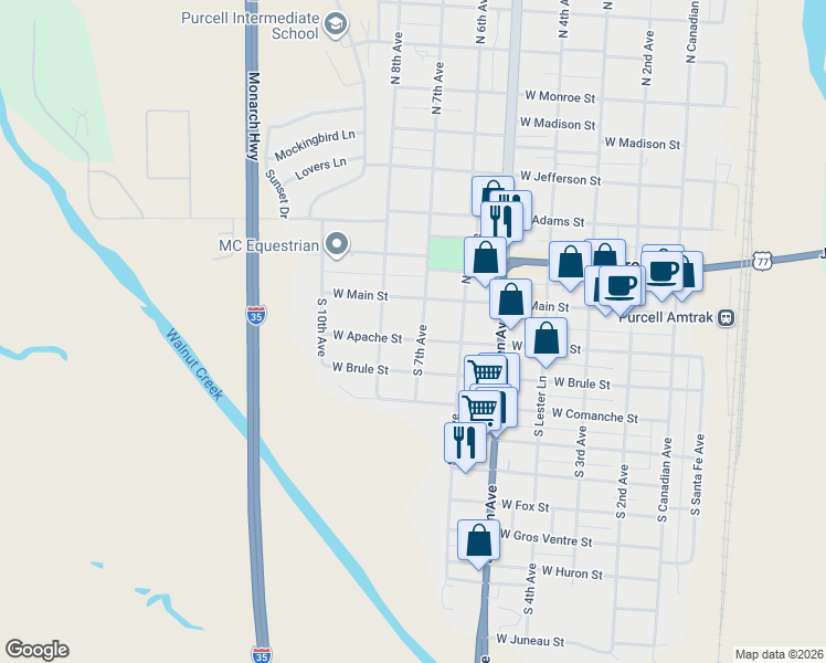 map of restaurants, bars, coffee shops, grocery stores, and more near 705 West Apache Street in Purcell