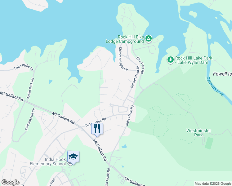map of restaurants, bars, coffee shops, grocery stores, and more near 418 Spring Box Court in Rock Hill