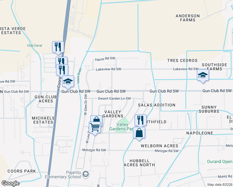 map of restaurants, bars, coffee shops, grocery stores, and more near 4408 Valley Gardens Drive Southwest in Albuquerque