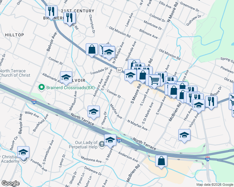 map of restaurants, bars, coffee shops, grocery stores, and more near 120 Haney Drive in Chattanooga