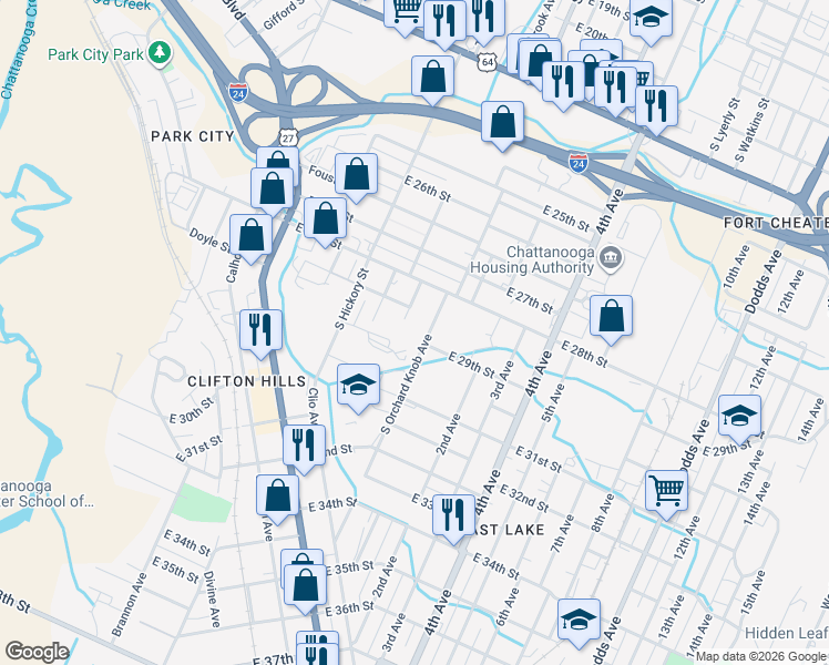 map of restaurants, bars, coffee shops, grocery stores, and more near 2903 South Orchard Knob Avenue in Chattanooga