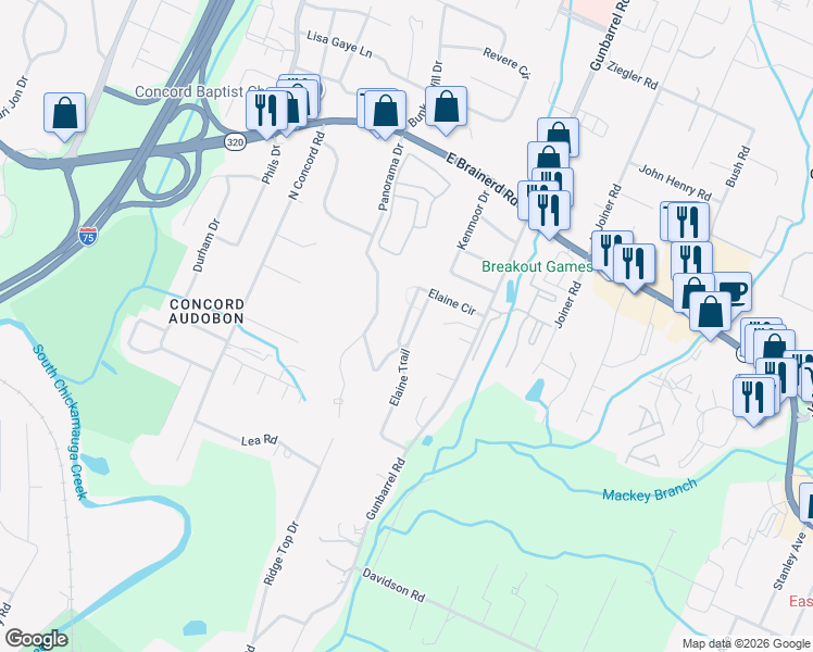 map of restaurants, bars, coffee shops, grocery stores, and more near 1103 Elaine Trail in Chattanooga