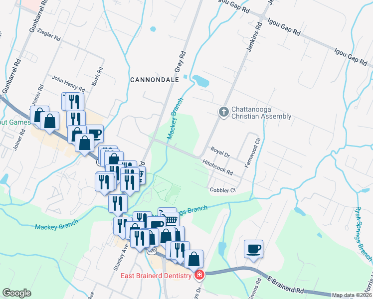 map of restaurants, bars, coffee shops, grocery stores, and more near 1519 Jenkins Road in Chattanooga