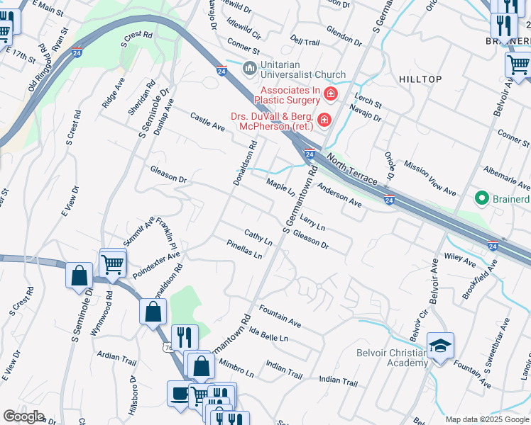 map of restaurants, bars, coffee shops, grocery stores, and more near 3321 Gleason Drive in East Ridge