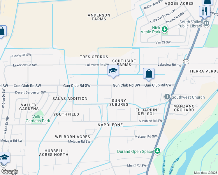 map of restaurants, bars, coffee shops, grocery stores, and more near 2130 Gun Club Road Southwest in Albuquerque
